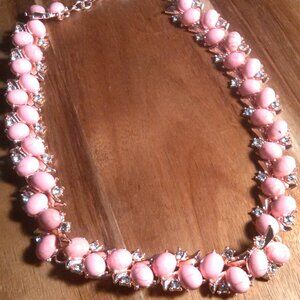 Constituted Pink Howlite and White Austrian Crystal Rosetone Necklace